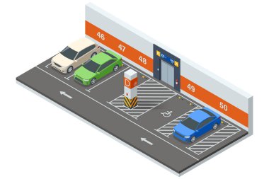 Slot makineleri ve engelli park yerleri olan yeraltı otoparkı illüstrasyonları. Güvenli ve düzenli bir izometrik düzen