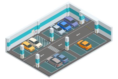 Isometric vektör yeraltı otopark illüstrasyonu renk kodlu bölümler, işaretli yuvalar, ve yönlü oklar pürüzsüz navigasyon ve modern park yönetimi için