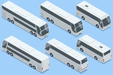 Single-colored white intercity buses. Isometric vector design featuring white intercity buses. Perfect for travel, transportation, and fleet management graphics clipart