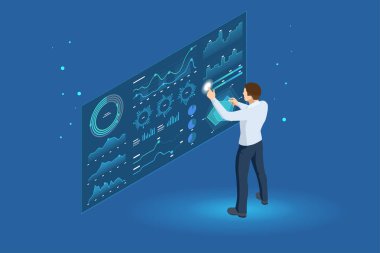 Isometric vector of a man interacting with futuristic digital dashboards. The interface features charts, graphs, and data visualizations, symbolizing technology and data analysis clipart