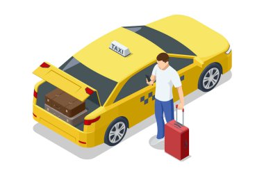 Bagajı bavullarla dolu sarı bir taksi ve arabanın yanında akıllı telefon kullanan bir adam. Seyahat ve ulaşım hizmetlerini sergilemek için mükemmel. Taksi ulaşımı, servis. Taksi arabası..