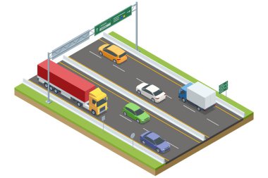 Arabalar ve kamyonlar üstlerinde yön işaretleri olan bölünmüş bir otoyolda hareket ediyorlar. Şeritler iyi işaretlenmiş, organize trafik akışını sağlıyor. Bir izometrik vektör tasarımı. Otoyol, otoyol, otoyol