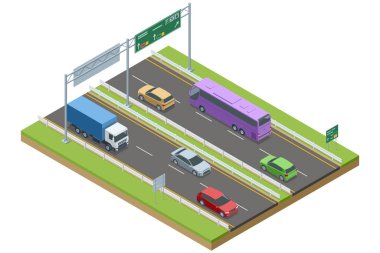 Arabaların, kamyonların ve büyük mor bir otobüsün yer aldığı canlı bir otoyol sahnesi. Yön ve park işaretleri, iyi yapılandırılmış bir otoyoldaki trafiğe rehberlik ediyor. İzometrik vektör görünümü. Otoyol, otoyol