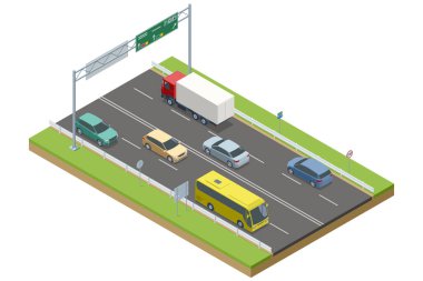 Bölünmüş bir otoyolda trafik, büyük sarı bir otobüs, kamyonlar ve arabalar. Tepedeki işaretler net bir navigasyon sağlıyor. Bir otoyolun temiz, izometrik bir temsili. Otoyol, otoyol, otoyol