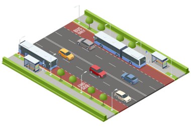 Ayrıntılı bir şehir otobüsü durağı sisteminin izometrik vektörü, birden fazla durak, barınak, otobüs durağı ve iyi organize edilmiş yeşil şeritli bir şehir caddesi içeriyor..