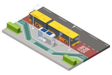 Sarı eklemli otobüsü park etmiş bir otobüs durağının Isometric vektör çizimi. İstasyonda güneş paneli çatısı ve bisiklet yolları olan modern bir tasarım yer alıyor..