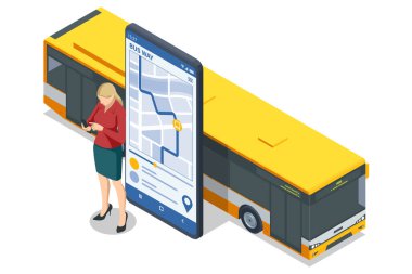 İzometrik bir tasarım, gezici bir uygulama vasıtasıyla otobüs yolculuğunu planlayan bir kadını, teknolojiyle bütünleşik turizmi sembolize eden büyük bir otobüsle gösteriyor.