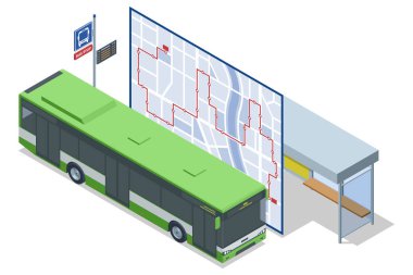 Yeşil bir otobüs durağı ve duvarında ayrıntılı bir yol haritası olan bir otobüs durağının izometrik çizimi. Harita kırmızı bir otobüs güzergahını gösteriyor, şehir hareketliliğini ve ulaşımı arttırıyor..