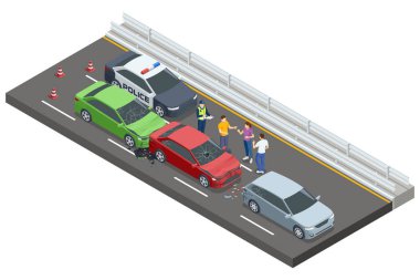 Otoyol kazasına karışan üç araç görünür hasar görmüş. Bir polis arabası var ve memurlar sürücülerin ifadelerini kaydediyor. Araba kazası.