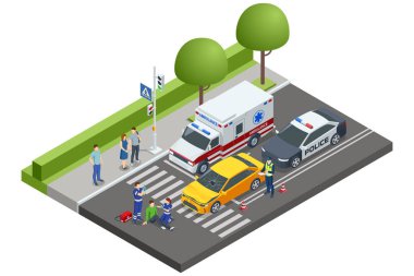 Isometric araba kazası. Yaya geçidinde kaza yapan sarı bir araba. Ambulans ve polis olay yerinde, sağlık görevlileri yaralı bir yayaya bakıyorlar.