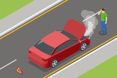 Isometric araba kazası, araba arızası. Kaputu açık kırmızı bir araba, buhar yayıyor, yol kenarında mahsur kalmış. Sürücü motora bakarken bir uyarı üçgeni yerleştirilir