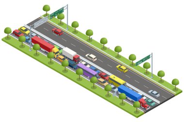 Yoğun trafik sıkışıklığını gösteren izometrik vektör otoyolu sahnesi. Kamyonlar, otobüsler ve arabalar sıkıca paketlendi. Yol boyunca yemyeşil ağaçlar ve yol işaretleri mevcuttur. Trafik sıkışık.