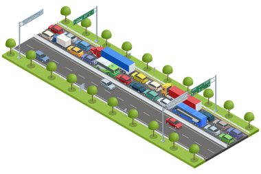 Yoğun trafik sıkışıklığını gösteren izometrik vektör otoyolu sahnesi. Kamyonlar, otobüsler ve arabalar sıkıca paketlendi. Yol boyunca yemyeşil ağaçlar ve yol işaretleri mevcuttur. Trafik sıkışık.