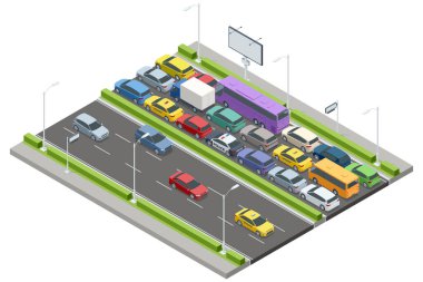 Trafik sıkışıklığında arabaları, otobüsleri ve kamyonları gösteren izometrik bir vektör. Bazı araçlar hareket halindeyken, diğerleri sabit duruyor. Bir reklam panosu ve trafik ışıkları detay ekler. Trafik sıkışık..