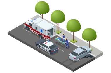 Isometric araba kazası, sağlık görevlileri bir hastaya sedyeyle ambulans ve polis arabasının yanında yardım ediyor. Sahne ağaçlı bir yolda geçiyor, kentsel alanlarda acil durum müdahalesi vurgulanıyor..