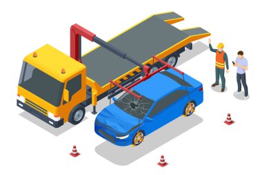 Isome vektör illüstrasyonunda vinçle bir arabayı yükleyen bir çekici görülüyor. Yol yardımını tasvir etmek için ideal. Çekici, yol yardımı.