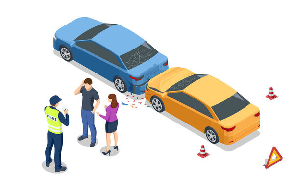 Isometric Car crash. A yellow and blue car involved in a fender bender near a residential area. A couple stands nearby, discussing the situation
