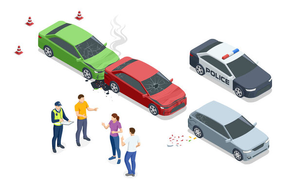 Three vehicles involved in a highway crash with visible damage. A police car is present, and officers are recording statements from the drivers. Car crash.