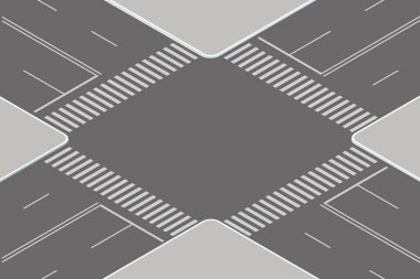 Yaya geçitleri ve yol işaretleri olan boş bir şehir kavşağının Isometric vektör çizimi. Temiz düzen trafik planlaması ve şehir tasarım kavramları için idealdir..