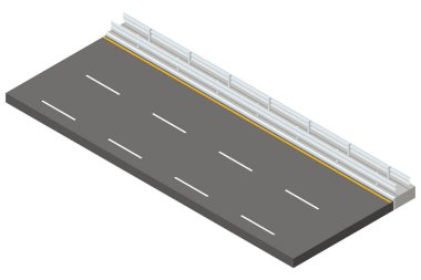 Şerit işaretli ve metal korkuluklu bir karayolu bölümünün Isometric vektör çizimi. Yol yükselmiş görünüyor, köprüye ya da üst geçide benziyor.