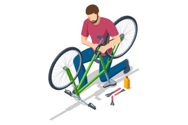 Yeşil bir bisikleti tamir eden bir adamın izometrik çizimi. Bisiklet baş aşağı duruyor ve o da zinciri ayarlıyor. Aletler ve kayganlaştırıcılar yakınlarda..
