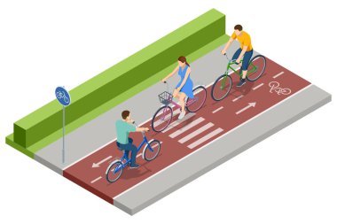 İşaretli şeritli bisiklet yolu, bir bisiklet tabelası ve yol güvenliği göstergeleri kullanan çoklu bisikletçilerin izometrik, vektör çizimi