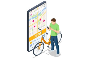 Bisiklet kiralama. Rent adlı dev bir harita ekranının önünde, turuncu bisikletinin yanında telefon uygulaması kullanan bir adamın izometrik, vektör illüstrasyonu-