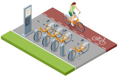 Bisiklet kiralama. Kenetlenme birimlerinde mavi motosikletli bir bisiklet paylaşım istasyonunun izometrik, vektör çizimi, ayrıca hızlı kiralamalar için şehir haritası içeren bir ödeme büfesi