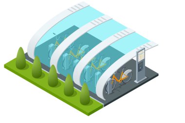 Çatı şeffaf, kiralık bisiklet parkı. Kenetlenme birimlerinde mavi bisikletli Isometric bisiklet paylaşım istasyonu ve hızlı kiralama için şehir haritası içeren bir ödeme büfesi.