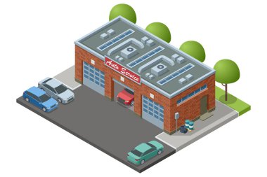 Birden fazla garaj kapısı olan tuğladan yapılmış bir otomobil servis binasının, dışarıda park edilmiş arabaların ve ağaçlarla çevrili kırmızı bir arabanın Isometric vektör çizimi modern bir tamir tesisini gösteriyor.