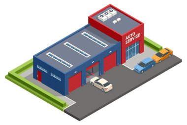 Kırmızı ve mavi dış görünüşlü modern bir otomobil hizmet merkezinin Isometric vektör çizimi, çoklu garaj bölmeleri, ve dışarıda park edilmiş arabalar, temiz bir otomotiv onarım ortamı sağlar.