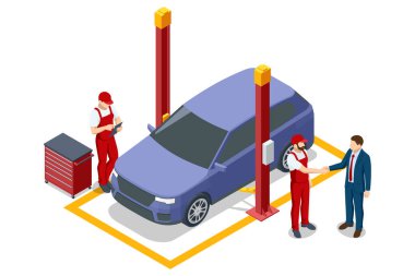 İki kırmızı üniformalı tamircinin ve mavi bir arabanın yanında el sıkışan bir iş adamının olduğu Isometric sahnesi. Başka bir tamirci tableti kontrol ediyor. Araç servis platformunda..