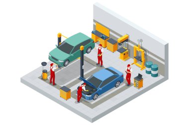 Mavi bir sedanın tekerlerini değiştiren tamircilerle dolu bir otomobil tamirhanesinin izometrik vektör görüntüsü işlevsel ve organize bir 3D atölye sahnesi sergiliyor..