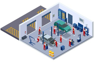 Bir araba motoru tanısı testinin izometrik vektör çizimi, gelişmiş ekipmanları düzenli bir 3D oto tamir alanında kullanan bir tamirci ile devam ediyor.