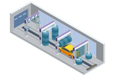 Isometric araba yıkama makinesi. Otomatik yıkama istasyonunda otomatik fırça temizleme aracı. Otomatik araba yıkama, dönen mavi fırça. Yıkama aracı.