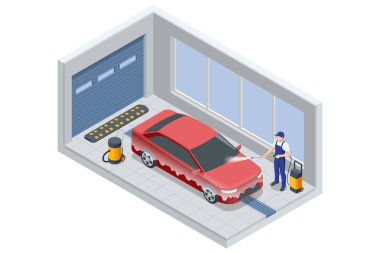 Isome otomatik oto yıkama istasyonu. Mavi tulumlu bir işçi garajda kırmızı bir arabayı yüksek basınçlı çamaşır makinesiyle yıkıyor. Araba köpükle kaplı ve zeminde drenaj ızgaraları var..