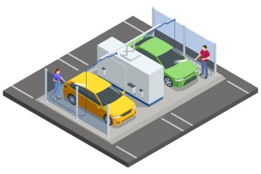 Isome otomatik oto yıkama istasyonu. İki kişi dışarıda oto yıkama servisinde arabalarını yıkıyor. Sarı ve yeşil araçlar metalin altındaki yüksek basınçlı hortumlarla temizleniyor.