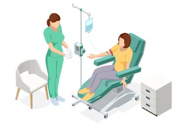 Isometric female patient sits in a reclining medical chair receiving IV chemotherapy, while a nurse in green scrubs monitors the procedure. A hospital room with a cabinet. Cancer treatment, IV therapy clipart