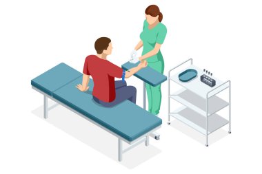 Yeşil önlüklü bir hemşire muayene masasında oturan bir erkek hastadan kan örneği alıyor. Yanında şişeler ve enstrümanlar olan bir tıbbi araç yerleştirildi. İzometrik vektör illüstrasyonu