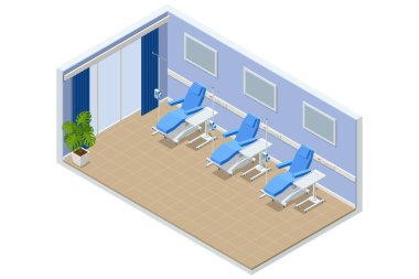 Isometric vektör kemoterapi odası. Hasta rahatlığı için tasarlanmış, serumları, infüzyon pompaları, masaları ve konforlu hastane ortamından oluşan üç özel yaslanmış tıbbi sandalye..