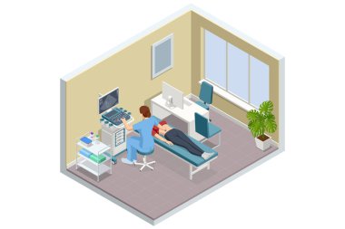 Isometric Ultrason Muayenesi. Hemşire muayene masasında yatan bir kadın hasta üzerinde ultrason taraması yapıyor. Monitör sonuçları gösterir. Tıbbi teknoloji, modern sağlık hizmetleri
