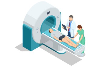 Isometric vektör MRI prosedürü, tıbbi personel tarama masasında yatan bir erkek hastayı muayene için hazırlıyor, doktor sağlık dosyası tutuyor, radyoloji süreci. Röntgen, radyoloji.