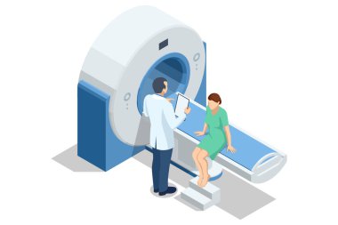 MRI konsültasyonunun Isome vektör çizimi, MRI masasında oturan bir kadın hasta elinde tıbbi kayıtlar olan doktorla konuşuyor, ön tarama tartışması yapıyor. Röntgen, radyoloji.