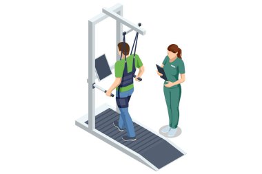 Bir kadın rehabilitasyon uzmanının gözetiminde koşu bandında koşum takımı eğitimi alan bir erkek hastanın Isometric vektör çizimi.