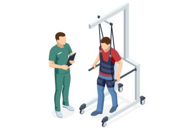 Rehabilitasyon sırasında erkek bir rehabilitasyon terapisti tarafından rehberlik edilen erkek hastayı destek koşumlarıyla yürürken gösteren Isome vektör sahnesi.