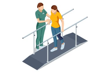 Bir kadın hastanın hareket kabiliyetini ve dengesini kadın bir rehabilitasyon terapistinin desteğiyle paralel çubuklarda gösteren iztrik vektör tasviri.