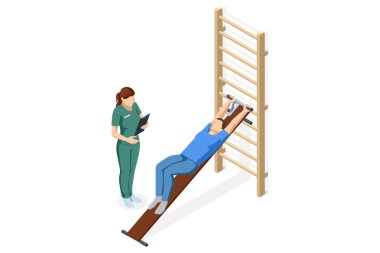 Bir hastanın omurga ve kas germe egzersizlerini kadın bir rehabilitasyon uzmanının gözetiminde İsveç duvarı kullanarak yaptığı iztrik vektör sahnesi..