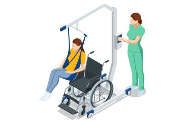 Bir rehabilitasyon uzmanı tarafından işletilen hasta kaldırma cihazıyla tekerlekli sandalyeden kaldırılan engelli bir kadın hastayı gösteren Isometric vektör çizimi.