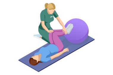 Rehabilitasyon egzersizinin Isometric vektör illüstrasyonu. Kadın hastaya paspas üzerinde yatarken, bacaklara ve vücut kaslarına odaklanırken yardım ediyor..
