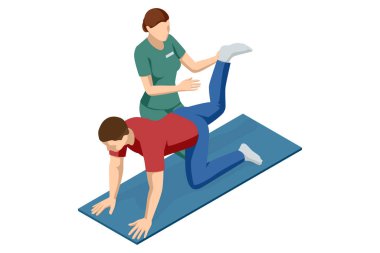 Terapistin rehberliğinde, egzersiz paspasındaki bacak ve kalça rehabilitasyonuna odaklanan erkek hastanın fizyoterapi uyguladığı iztrik vektör sahnesi.